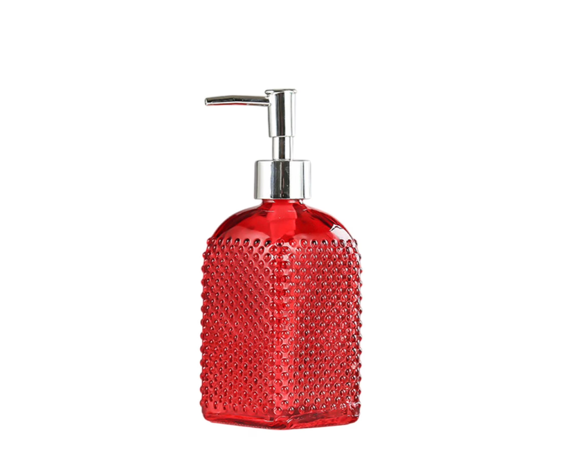 Diamond-Patterned Red Glass Soap Dispenser,500ml Refillable Bottle with Rust-Resistant Stainless Steel Pump